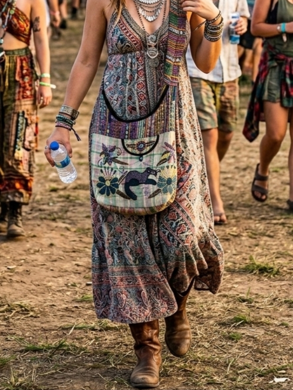 Boho Artisan Beaded Patchwork Crossbody Sling Bag